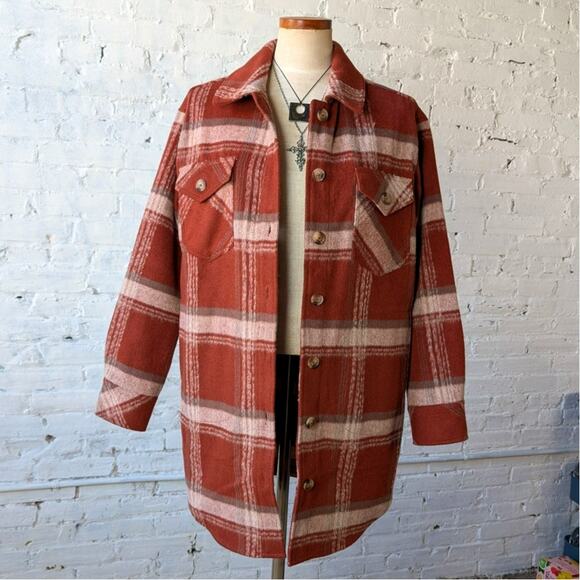 Red Plaid Flannel Jacket Gorpcore Utility Shacket Grunge Boho Chic Earthy Small - Picture 1 of 11